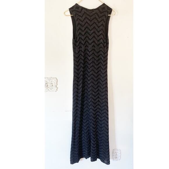 Zara Black Metallic Chevron Deep V Knit Sleeveless Maxi Dress S 70s retro Glam - Picture 6 of 8